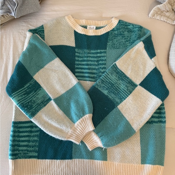 Le Lis Sweaters - Le Lis Teal and Cream Checkered Sweater